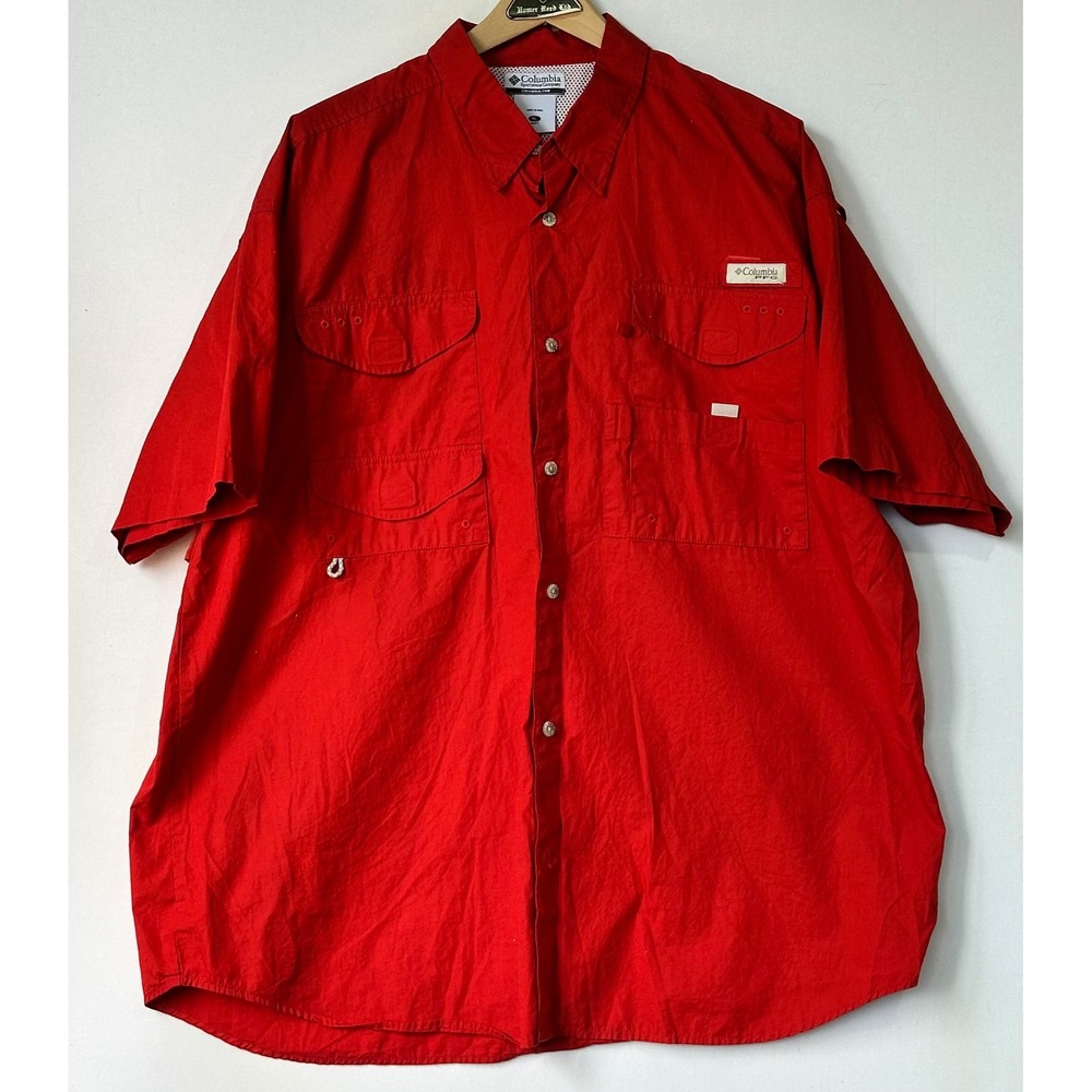 Columbia Fishing Shirt PFG Short Sleeve Colorful Sports Mens XL Red Excellent